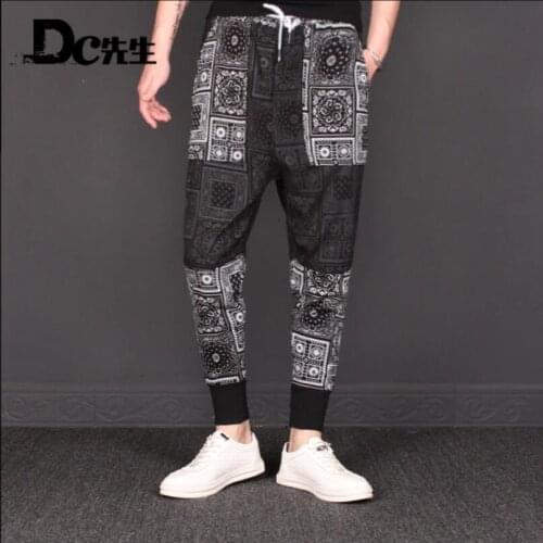 M-3xl Summer New Style Men Cotton Linen Flower Hit Color Nine Points Harem Pants Personality Tide Casual Pants Beam Foot Pants