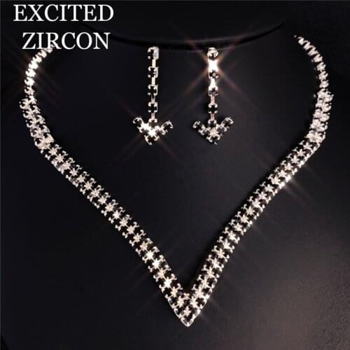 Fashion V Shaped Bridal Jewelry Sets for Women Rhinestone Crystal Necklace Earrings Set Brides Party Wedding Jewelry Set