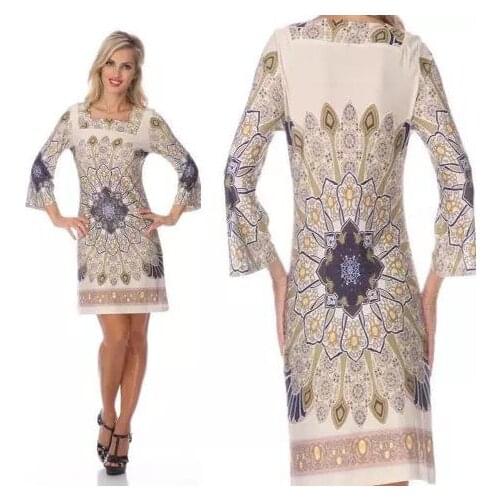 New womens clothing Peacock printed square collar fashion beautiful rich elastic knitting slim dress is big size to XXL