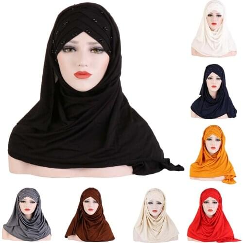 Beads Decor Muslim Headscarf Criss Cross Solid Color Jersey Headwrap Headband on the Head Women 2021 Turban Scarf Hair Cap