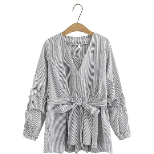 Plus Size 3XL-6XL Womens V-neck Long Sleeved Striped Blouse Officewear Elegant Tops