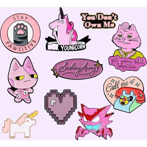 Pink Collection Enamel Pin Cat Horse Demon Secret File Record Heart Round Don't Own Me Badge For Girl Gift Brooch Pin Wholesale