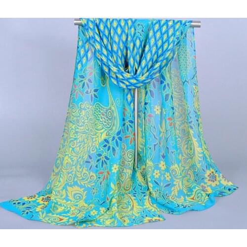 Hot Sell India Bohemian Beach Peacock Chiffon Scarf With Print Long Scarves For Women Wraps Shawl Head Band Stole 160x50cm