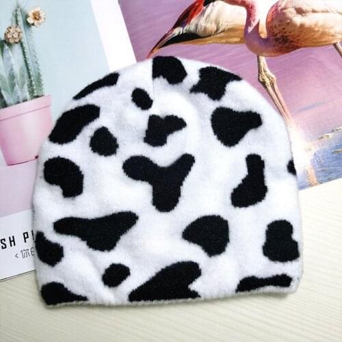 Warm Skullies Beanies Hats Cow Zebra Print Winter Women Hat Fashion Black White Girls Thick Knitted Beanie Cap