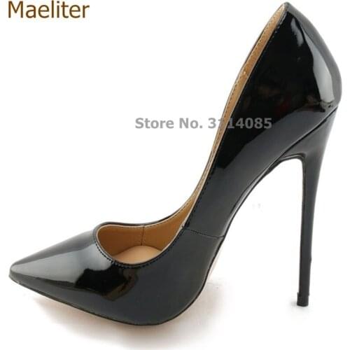 Chic Ladies Black Mirrored Leather Pointed Toe Shoes Thin Extreme High Heel Gladiator Shoes Wedding Pumps 10cm 12cm Heel US10