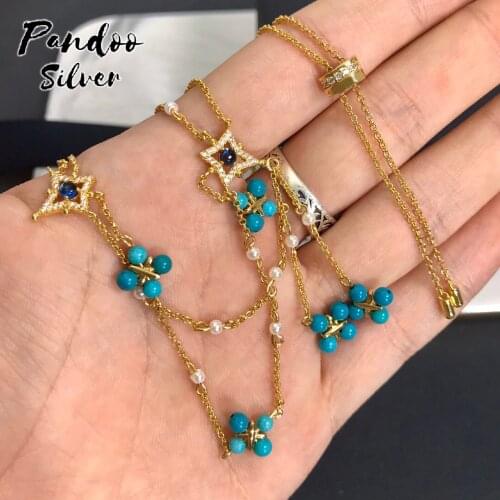 High Quality S925 Sterling Silver Jewelry 1:1 Copy,Yellow Silver Pearl & Blue Stone Double Chain Adjustable Necklace For Women