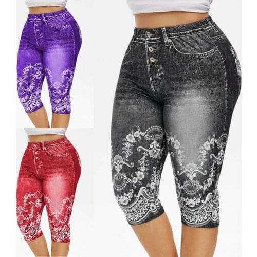 Lace Floral Printed False Denim Yoga Pant 3\4 Women Jeans Leggings High Waist Breeches Capri Pants Super Elastic Jeggings Plus S