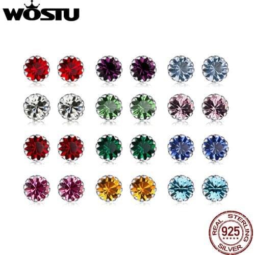 WOSTU 100% 925 Sterling Silver 12 Color Birthstone Small Stud Earrings For Women Wedding Tiny Earrings Zircon Jewelry CQE862