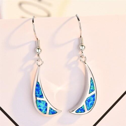 Girls Cute Moon Drop Earrings 925 Sterling Silver Filled White Blue Fire Opal Earrings For Women Engagement Piercing Jewelry