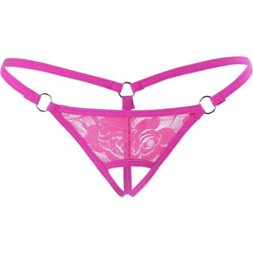 Womens Erotic Lingerie Panties See Throuhg Floral Lace Crotchless G-string Bikini Underwear Elastic waistband O-rings Underpants