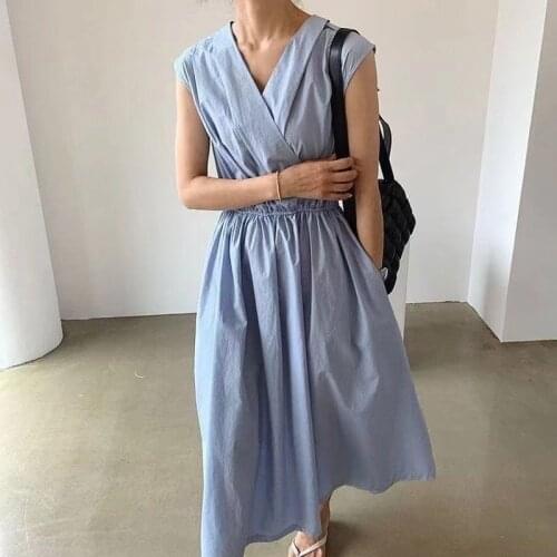 Korean Women Maxi Dress Summer 2021 Soft Solid Cotton Blue V-neck Pleated Dress High Waist Long Sleeveless Dresses Vestido 14750