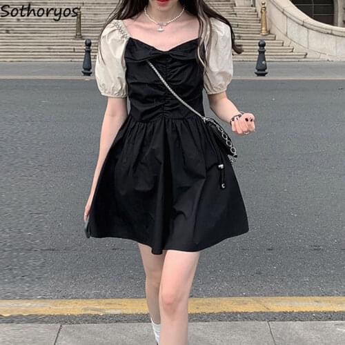 Short Puff Sleeve Dress Women Mini Kawaii Square Collar Bow Pleated Black Dresses Temperament Korean Style Sweet Elegant Fashion
