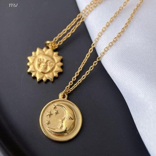 Happy smile face sunflower pendant necklaces for women stainless steel gold moon star disc pendant necklaces vintage