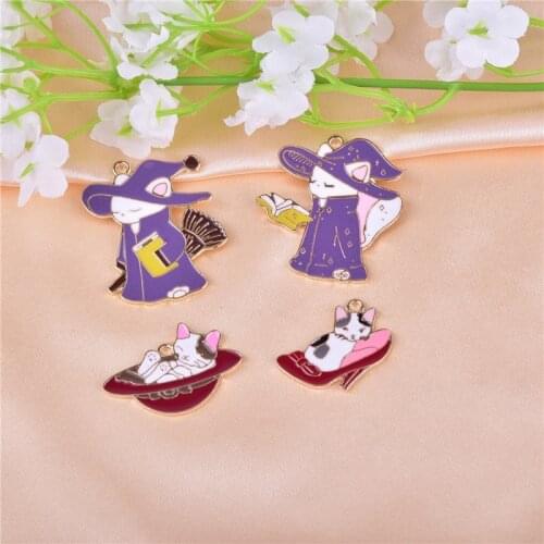10pcs Halloween Witch Sorcerer Cat Enamel Metal Charms Earring Bracelet DIY Necklace Jewelry Making