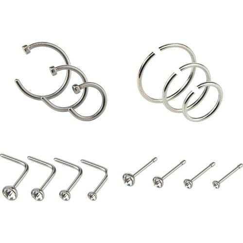 14Pcs/Set Unisex Body Piercing Jewelry Rhinestone Stainless Steel Nose Stud Ring fashion
