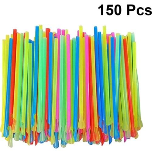 150pcs Disposable Spoon Straws Dual Use Drinking Spoon Straw for Milkshakes Shaved Ice (Mixed Color)