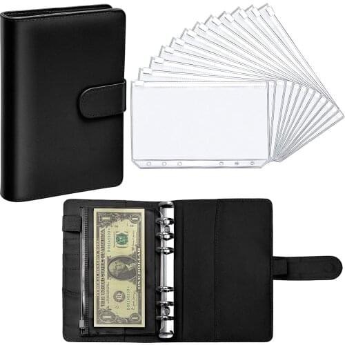 A6 PU Leather Binder Notebook Budget Planner Cover with 12 Pieces Zipper Pocket Personal Cash Budget Envelopes System