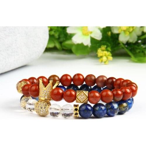 Ailatu Micro Pave CZ Ball Crown Men Bracelet Natural Stone Bracelets Jewelry Couples Orament Gift Lapis Stone and Red Stone
