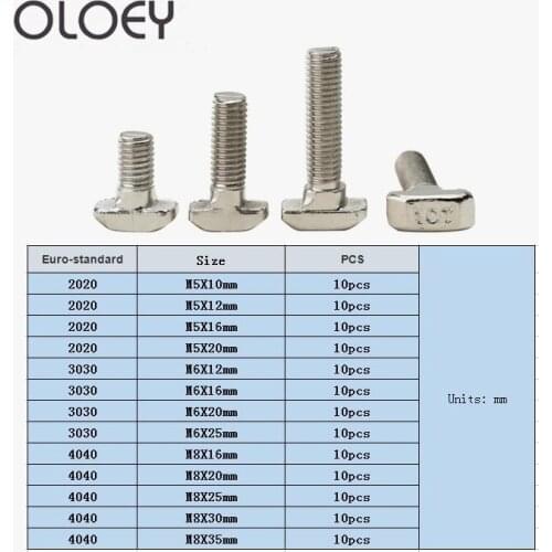 10PCS M5 M6 M8 T Hammer Head T Bolt Aluminum Connector T Head Bolts Screws For 20/30/40/45 Aluminum Profiles