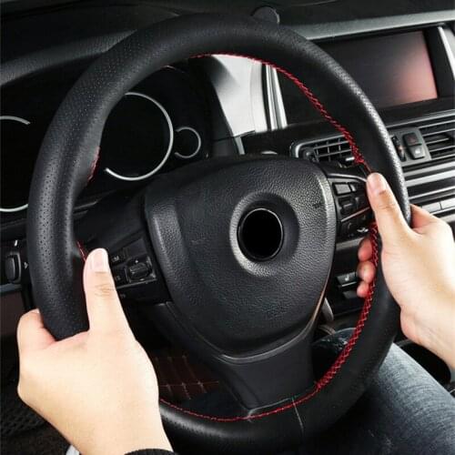 Cowhide Steering Wheel Cover With Needles & Thread DIY/Hand Sewing Leather Case Collar Black Protect steering wheel