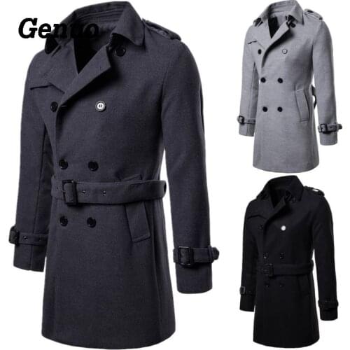 Genuo Autumn Winter Men Wool Coat Slim Fit Designed Lapel Double-breasted Overcoat Windbreaker Long Sleeve Coat Jacket Outerwear