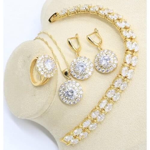 Geometric Gold Color Jewelry Set for Women White Zircon Bracelet Earrings Necklace Pendant Ring Wedding Birthday Gift