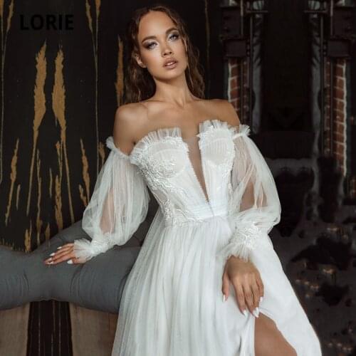 LORIE Vintage Wedding Dresses Appliques with Detachable Puff Long Sleeves Wedding Beaded Bridal Gown vestido de novia playero