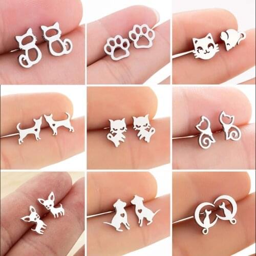 Mini Pet Cat Stainless Steel Ladies Earrings Minimalist Animal Cute Puppy Silver Color Ladies Earrings Fashion Jewelry PartyGift