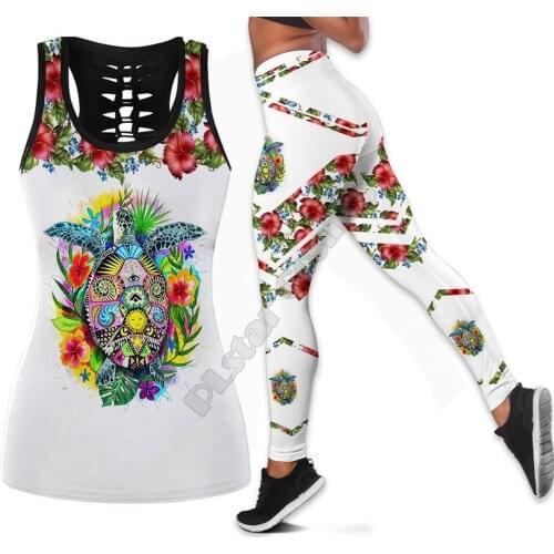 Sea turtle Polynesian 3D Printed Hollow Out Tank Legging Suit sexy Yoga Fitness Soft Legging Summer Women For Girl 41