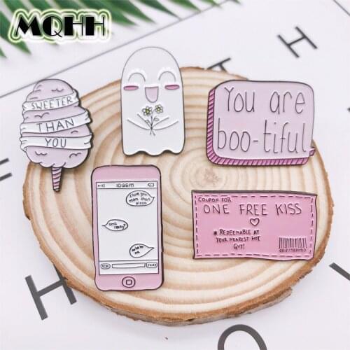 Cartoon pink skeleton ghost marshmallow envelope heart shaped enamel brooch phone model dialog box badge pin sweet cute jewelry