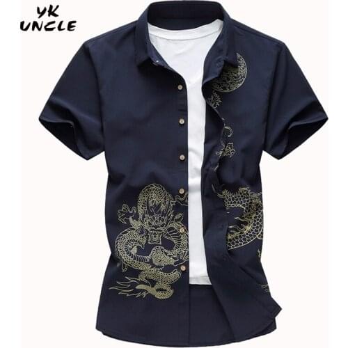 YK UNCLE Brand Clothes 2017 New Summer Men Shirt Casual Mens Short Sleeve Shirt Luxury Bronzing Gold Print Chinese Dragon Shirts