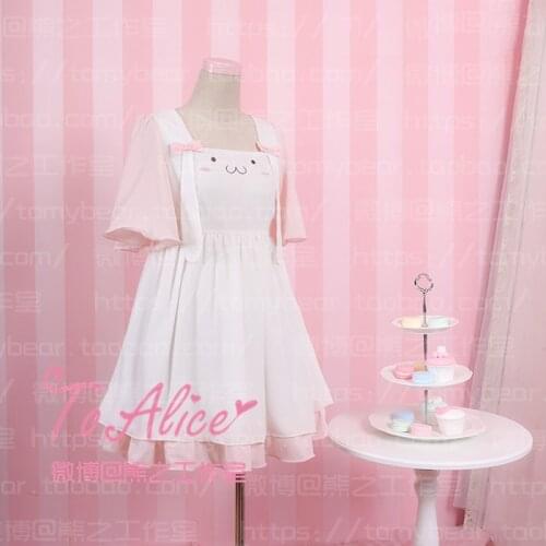 Super Cute Loppy Eared RabbitSmile Bunny Girls Lolita Dress Summer Short Flare Sleeve Chiffon Pink&White Patch Short Dress