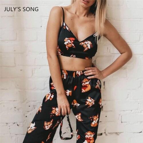 JULYS SONG Sexy Satin Pajamas Set Cartoon Faux Silk Fox Print 2 Pieces Spring Summer Sleepwear Sling Trousers Shorts Nightwear