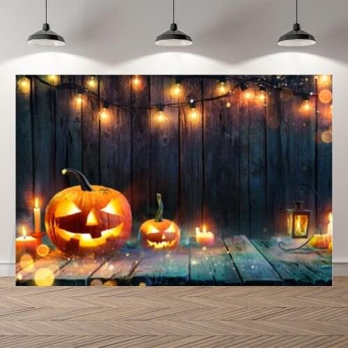 Seekpro Halloween Party Light Candle Pumpkin Spooky Photography Wood Background Photographic Backdrop For Photo Studio Shoot