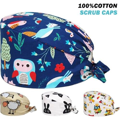 Scrub Hat Anime Printing 100% Cotton Adjustable Nursing Cap Dentist Clinic Pet Shop Beauty Salon Scrubs Caps Working Accessories