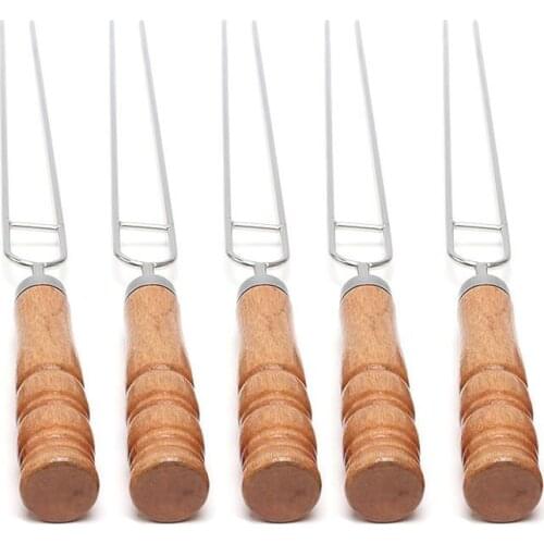 5Pcs/Set BBQ Forks Camping Stainless Steel Wooden Handle Telescoping Barbecue Roasting Fork Sticks Skewers