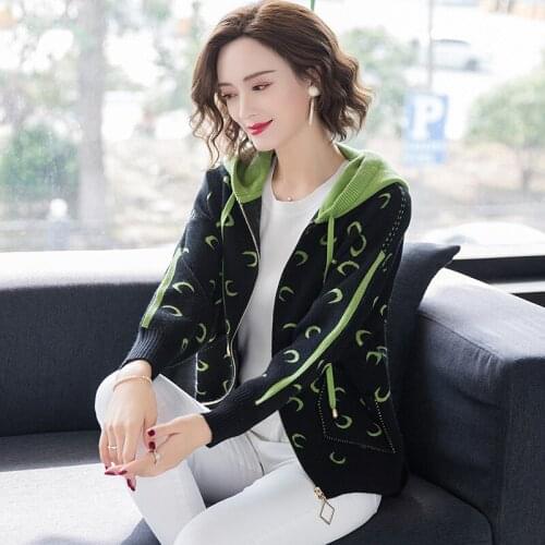 Sweater Jacket Women 2020 Spring Autumn Printed Hooded Long Sleeved Loose Casual Zipper Knitted Jackets Female Plus Size M-3XL