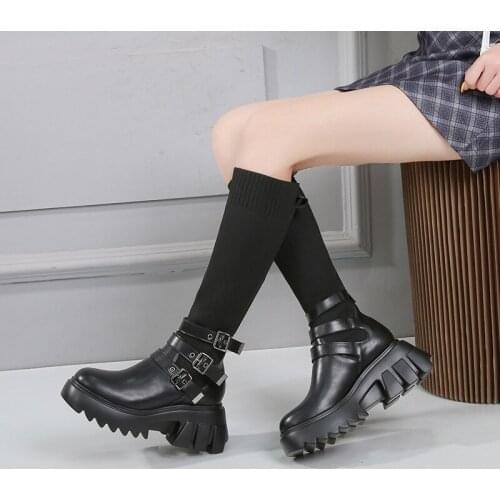 High platform knee high boots women knitting long stovepipe riding booties female buckle belt leather thigh high boots size 43
