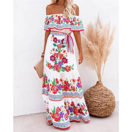 Floral Print Womens Long Dress 2021 Summer Sexy Off The Shoulder Irregular Neckline Bohemian Dress Slim Vacation Casual Vestido
