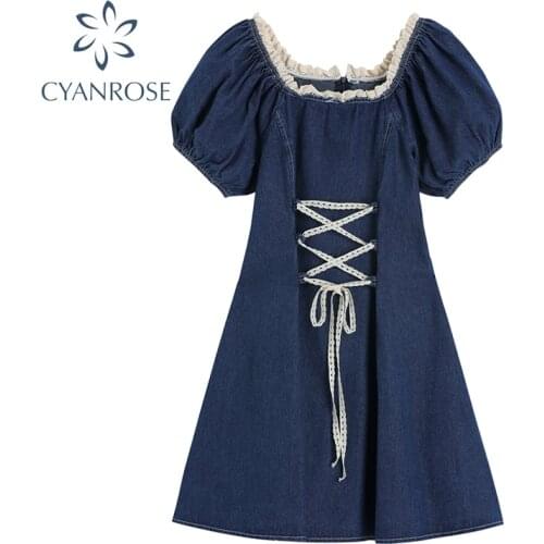 Blue Denim Dress Women Puff Sleeve France Vintage High Waist Drawstring Lace-up Mori Girl Jean Frocks Summer Y2K Dress Vestidos