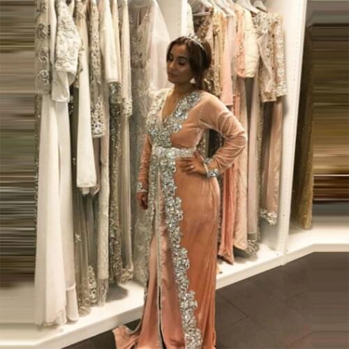 Fashion Orange Moroccan Kaftan Evening Dress Long Sleeve Beading Muslim Arabic Dubai Special Occasion Dress Prom Gowns