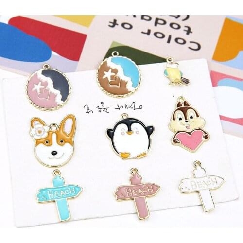 10p Japanese And Korean Girl Cute Alloy Drip Fun Penguin Bird Puppy Head Animal Pendant Cartoon Earrings Diy Jewelry Accessories