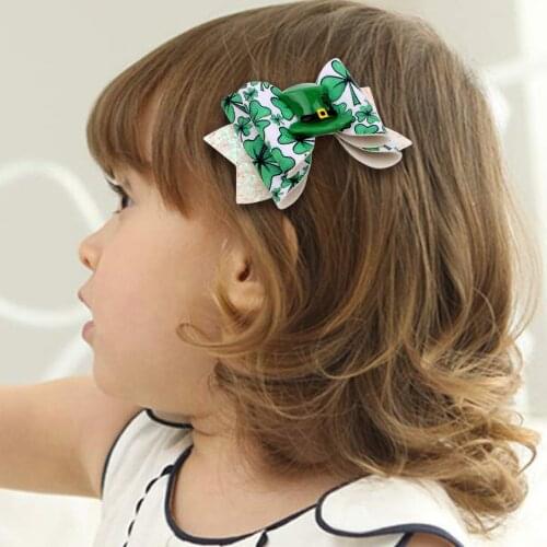 3 Inch Easter flash Plaid Hairpin For Girls And Children Clover Print Leather Printed Bow Dovetail Hairpin Fashion Accessories