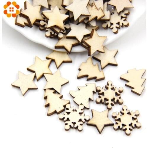 50PCS Natural Wooden DIY Christmas Tree Hanging Ornaments Pendant Gifts Tree Snow Flakes Star Shape Xmas Ornaments Decorations
