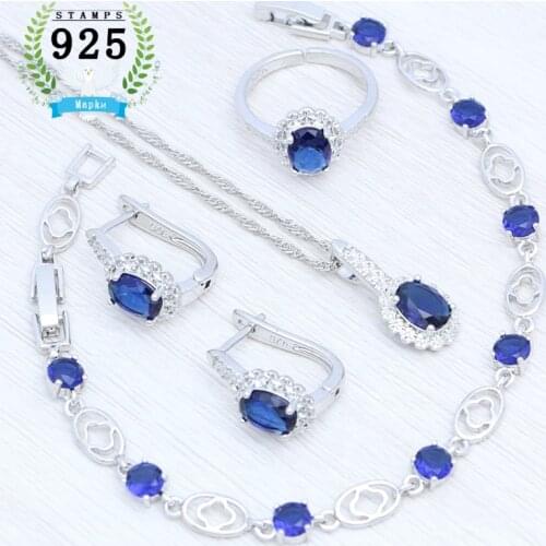 925 Silver Jewelry Set for Women Party Jewelry Blue Cubic Zirconia Earrings Pendant Chain Bracelet Open Ring Free Jewelry Box