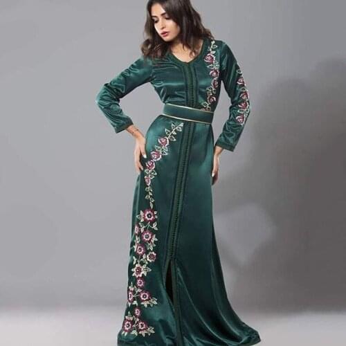 Eightale Arabic Evening Dresses V-Neck Appliques Long Sleeve Kaftan Dubai Chiffon Caftan Prom Gown Green Party Dress