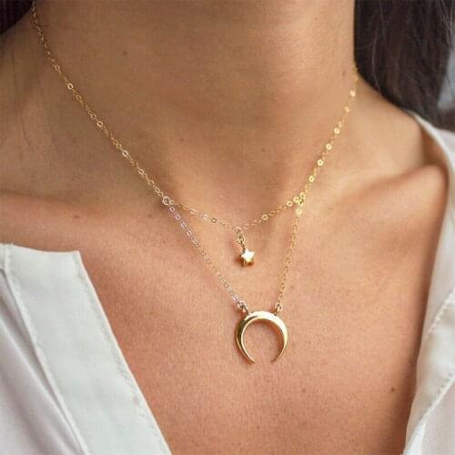 Bohemian Star Moon Double Layer Metal Pendant Necklace Fashion Simple Womens Wedding Choker Accessories Charming Jewelry Gift