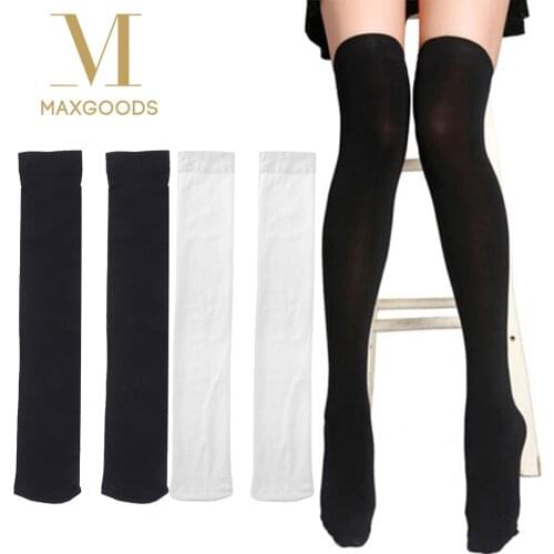 1Pair New Fashion Mini Women Girls Opaque Over Knee Thigh High Elastic Sexy Stockings Black/White Over the knee stockings