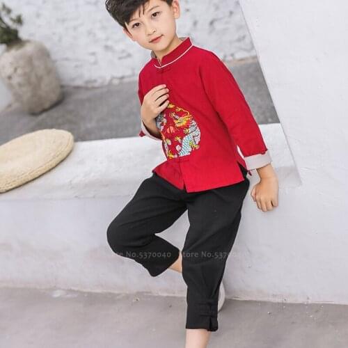 Kids Boy Chinese Traditional Hanfu Tang Suit Autumn Children Long Sleeve Top Pants Set Dragon Embroidery Tai Chi Kung Fu Uniform
