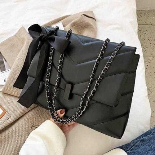 Branded Shoulder Bags For Women 2021 Pu Leather Totes Bag Vintage Big Shoulder Bags Solid Color Leather Chain Crossbody Purse